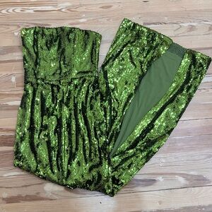Strapless Green Sequin Maxi Dress with Side Slit